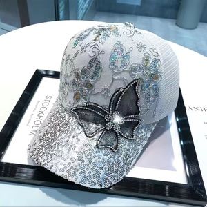 Rhinestone Lace Butterfly Bling Cap